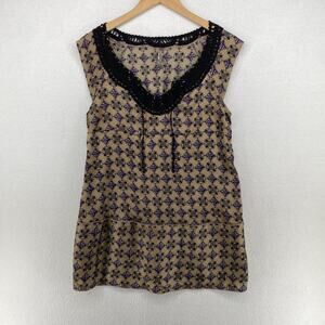 FREE PEOPLE Top 8 Peplum Geometric Crochet Beaded Sleeveless Babydoll Brown
